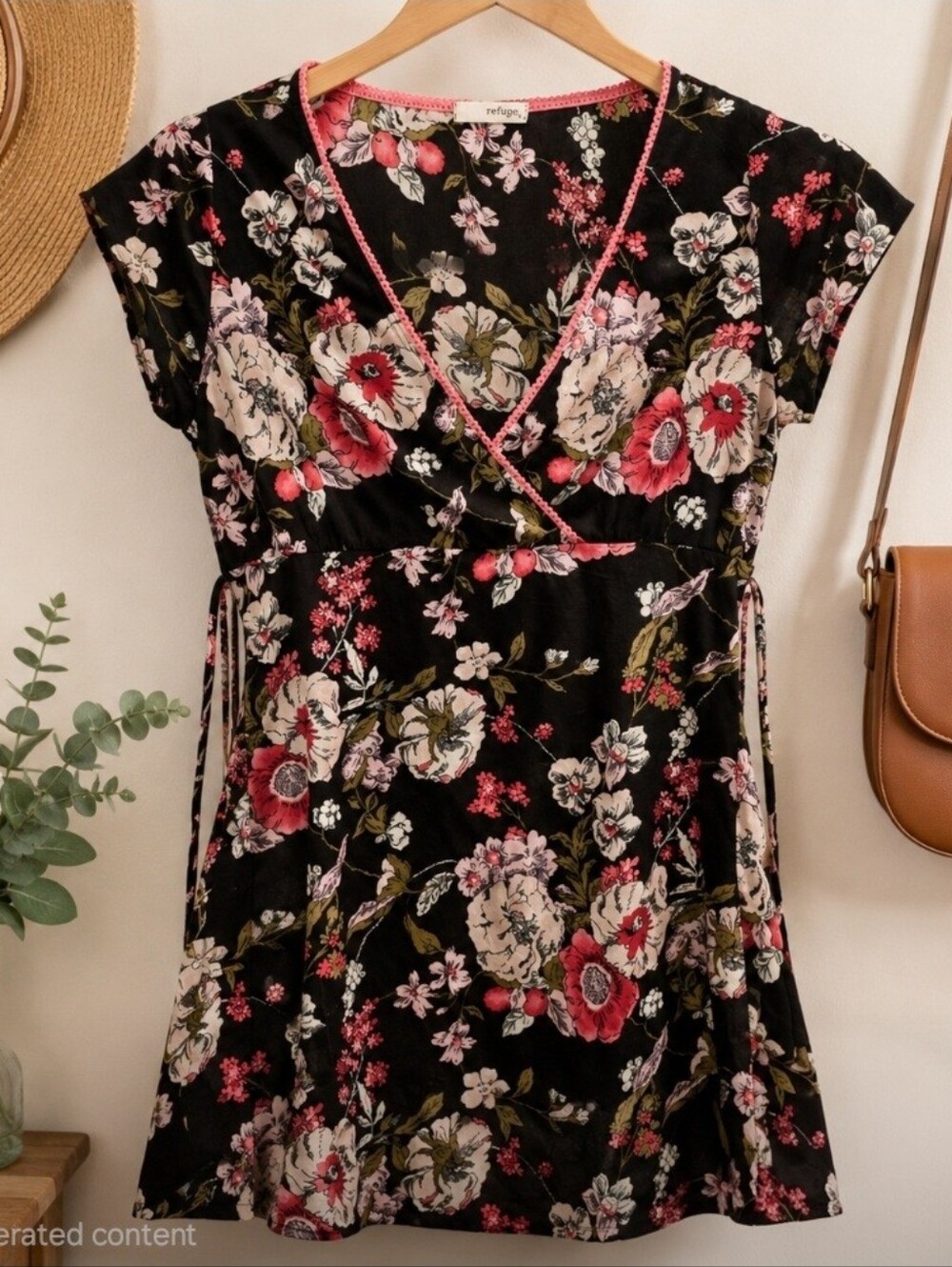 Refuge Black Floral Wrap-Style Blouse | Pink Trim | Short Sleeve | Feminine Boho